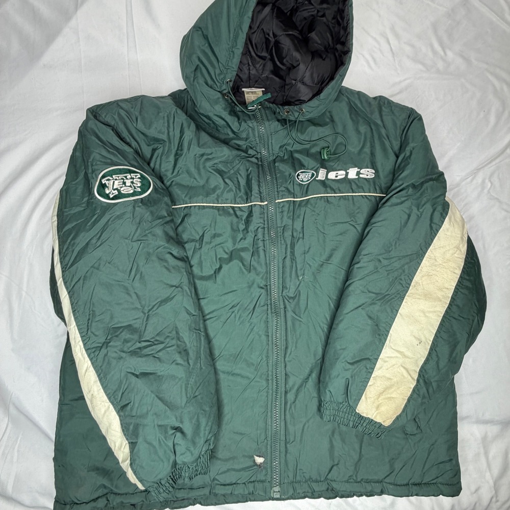 Vintage NFL New York Jets Puffer Jacket Hooded Green White XL